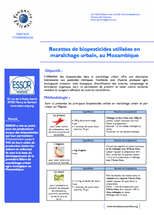 Cette fiche de retours d'expériences synthétique proposée par ESSOR et la fondation Ensemble présente des recettes de biopesticides.